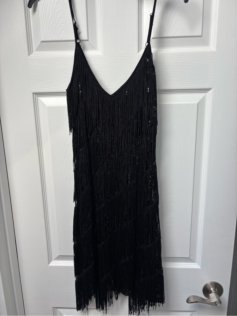 Fringed Black Mini Slip Dress with Spaghetti Straps